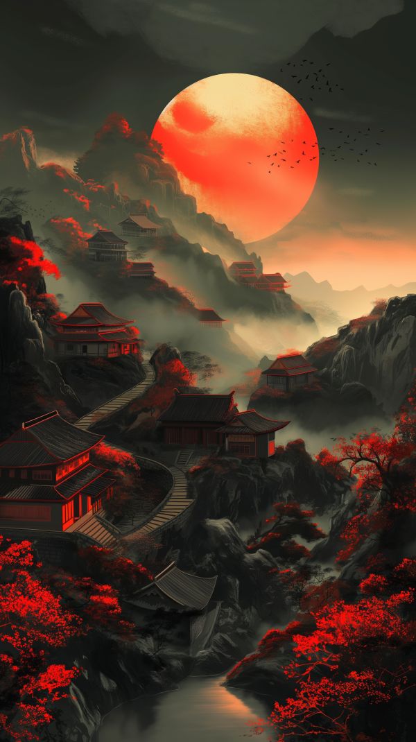 Beautiful Chinese Cartoon Scenery With Path and Little Houses Free Image