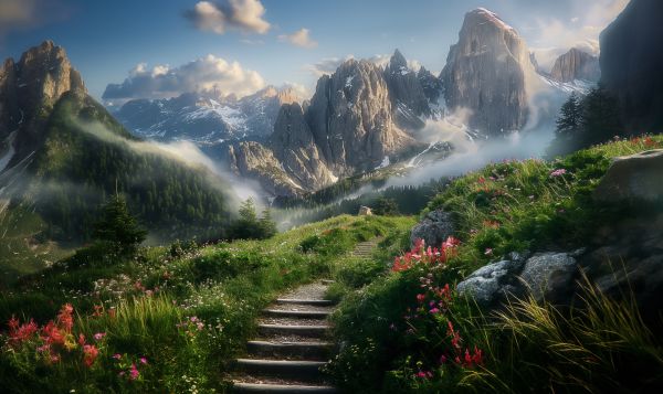 Breathtaking View of Mountain Scenery From a Path in the Valley Free Image