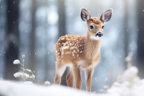 Cute Bambi in Snowy Forest Free Stock Photo