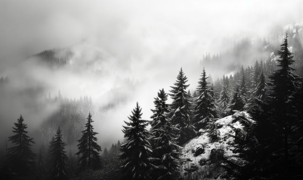 Dark B&W Photo of Trees in Foggy Winter Mountains Free Image