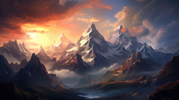 Fantasy Mountain Scenery with Clouds and Sun Free Image