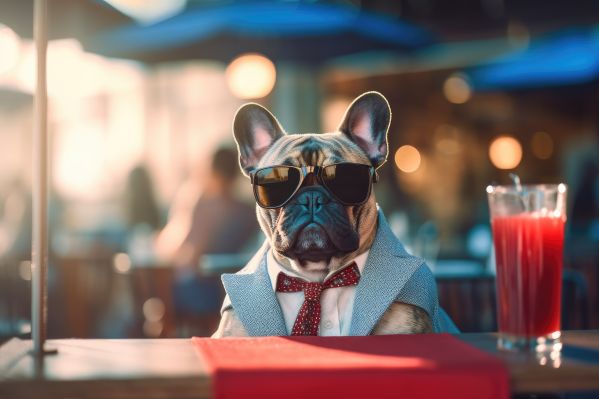 Fashionista French Bulldog with Sunglasses Sitting in Street Café Free Image