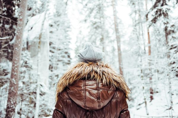 Girl in Winter Jacket Walking in Snowy Forest Free Stock Photo