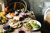 Variety of healthy food on breakfast table