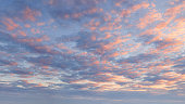 Pink blue sky with fluffy clouds at beautiful sunset as natural background.