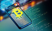 The Power of Crypto currency and digital wallets. Transforming Industries and Customer Service. A Look into the Future. Yellow Bitcoin icon on smart phone. 3D render