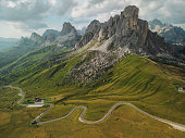 Scenic aerial view of Passo Giau in Dolomites