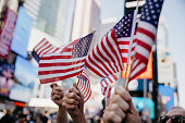 Crowd of people at Holiday Parade in Times Square, New York