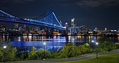 Benjamin Franklin Bridge atop Delaware River at Night - Aerial Shot