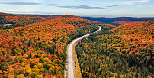 Highway near Colorful Trees in forest with lakes and blue cloudy