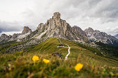 Scenic landscape of Giau Pass in the Italian Dolomites in Belluno province.