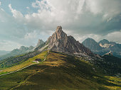 Scenic aerial view of Passo Giau in Dolomites in summer