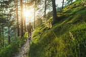 Senior man trail hiking in the forest at sunset