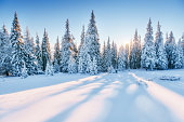 Fantastic winter landscape. Magic sunset in the mountains a fros