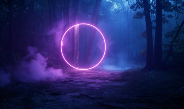 Mysterious Glowing Neon Circle in Dark Forest Free Image