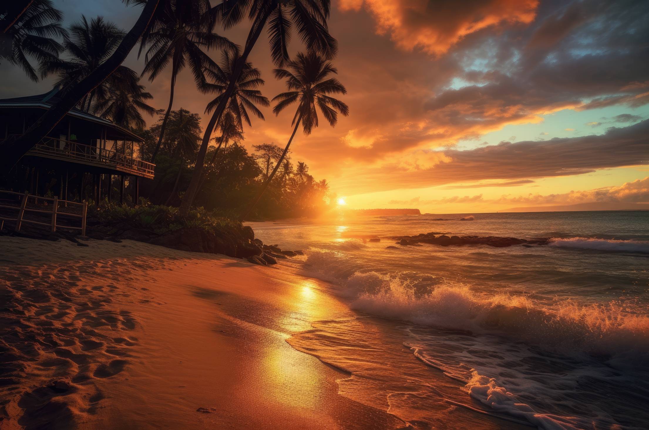 Romantic Tropical Beach with Villa and Palms During Beautiful Sunset Free Image