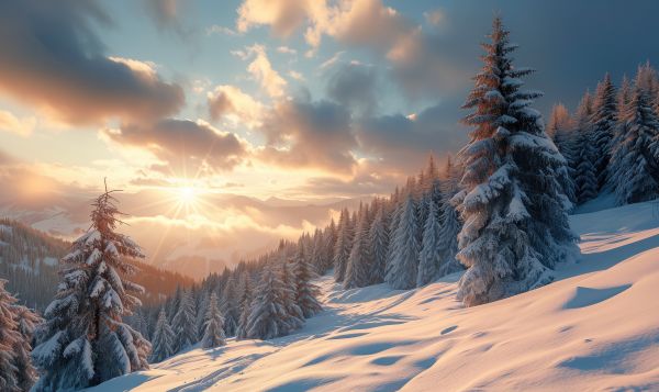 Snowy Mountain Scenery with Setting Sun and Clouds Free Image