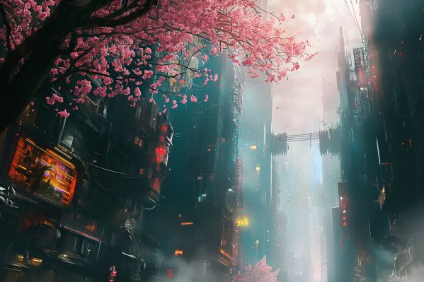 Spring in a Futuristic Cyberpunk City Free Image