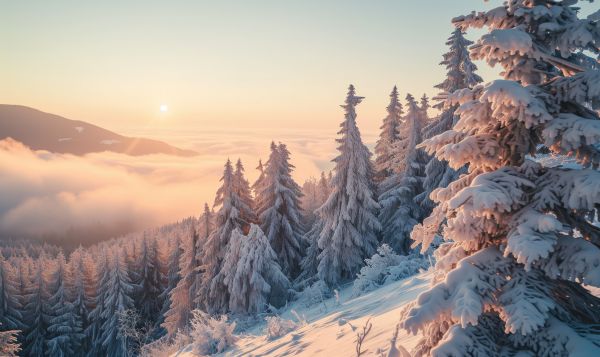 Sun Setting Over Winter Mountain Valley with Inversion Free Image